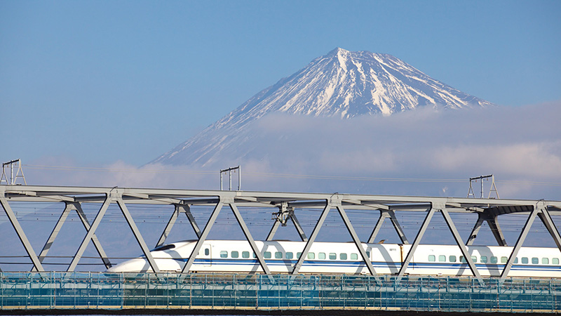 View of Mount Fuji and bullet train in Tokyo 